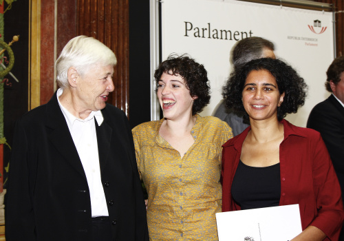 v.li. die erste Bundesministerin für Frauen Johanna Dohnal, Preisträgerin Maria Hörtner, Preisträgerin Faika Anna El-Nagashi.