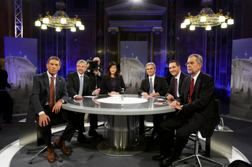 Live Sendung Runder Tisch des ORF um 20.15h: Jörg Haider, Wilhelm Molterer, Ingrid Thurnher, Werner Faymann, Heinz-Christian Strache, Alexander van der Bellen (von links nach rechts).