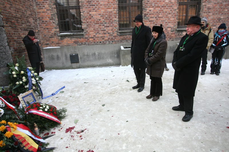 v.li. Dr. Herbert Krauss - Botschafter; Mag.a Barbara Prammer - Nationalratspräsidentin und Karl Donabauer - Nationalratsabgeordneter bei der Kranzniederlegung an der Todesmauer in Auschwitz