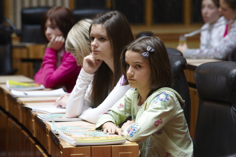 Teilnehmerinnen diskutieren mit der Präsidentin des Nationalrates sowie Vertreterinnen all Fraktionen zum Thema: Beruf der Abgeordneten des Nationalrates und der Bundesrätinnen.