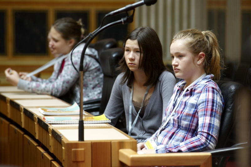 Teilnehmerinnen diskutieren mit der Präsidentin des Nationalrates sowie Vertreterinnen all Fraktionen zum Thema: Beruf der Abgeordneten des Nationalrates und der Bundesrätinnen.