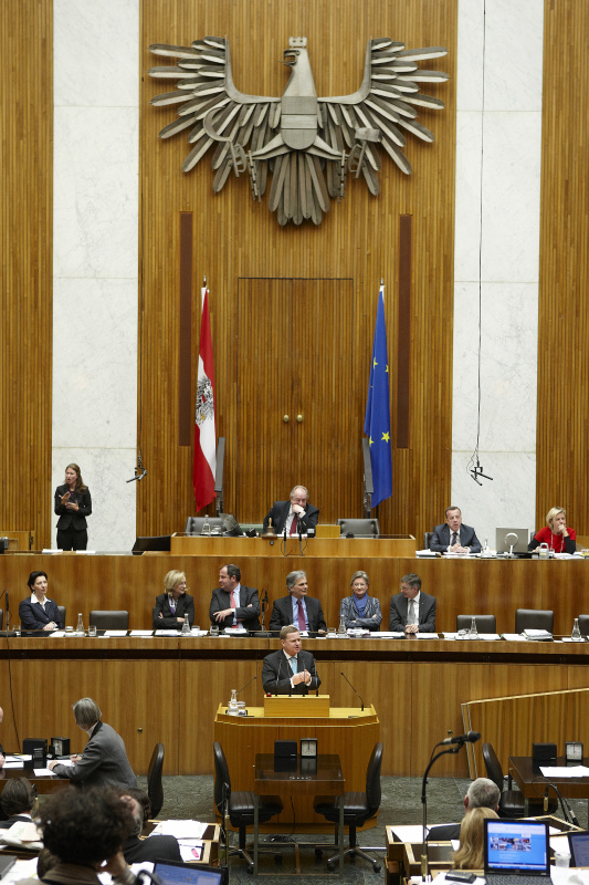 Werner Amon, Nationalratsabgeordneter der ÖVP, am Rednerpult. Auf der Regierungsbank v.li. Gabriele Heinisch-Hosek - Bundesministerin für Frauen und öffentlichen Dienst, Mag.a Dr.in Maria Theresia Fekter - Bundesministerin für Inneres, Dipl.-Ing. Josef Pröll - Vizekanzler, Bundesminister für Finanzen, Werner Faymann - Bundeskanzler, Dr.in Claudia Schmied - Bundesministerin für Unterricht, Kunst und Kultur und Alois Stöger - Bundesminister für Gesundheit. Am Präsidium Fritz Neugebauer - Zweiter Nationalratspräsident. Dienst am Präsidium v.li Dr. Joseph Wirnsperger (1er Position) und MMag.a Ines Kerle (2er Position).