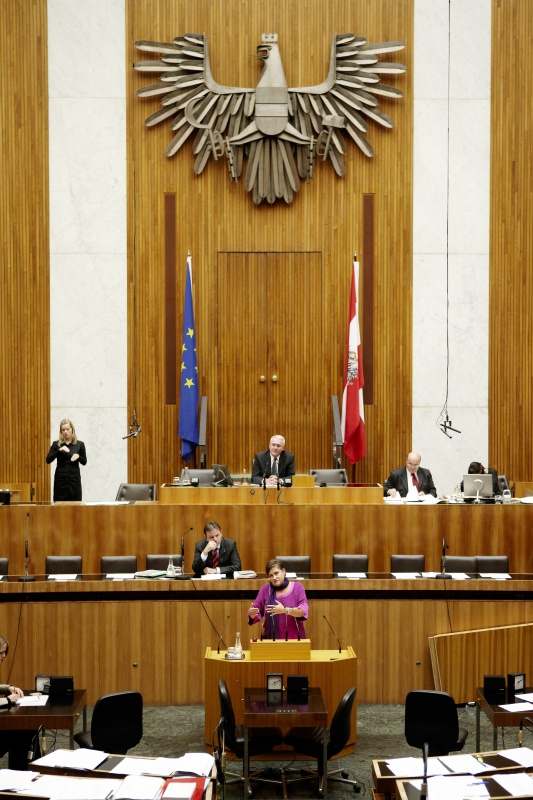 Petra Bayr, Nationalratsabgeordnete der SPÖ, am Rednerpult. Am Präsidium Dr.Martin Graf - Dritter Nationalratspräsident. Dienst am Präsidium v.li. Dr. Wolfgang Engeljehringer (1er Position) und Mag. Julia Dörfel (2-er Position).