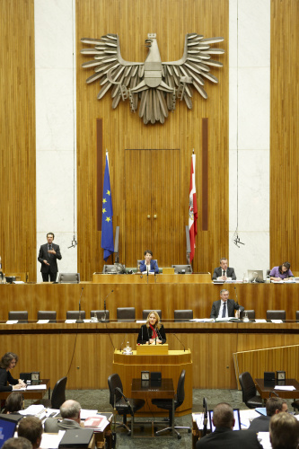 Dr. Dagmar Belakowitsch-Jenewein, Nationalratsabgeordnete der FPÖ, am Rednerpult. Auf der Regierungsbank Alois Stöger - Bundesminister für Gesundheit. Am Präsidium Mag.a Barbara Prammer - Nationalratspräsidentin. Dienst am Präsidium v.li. Dr. Joseph Wirnsperger (1er Position) und Mag. Julia Dörfel (2-er Position)