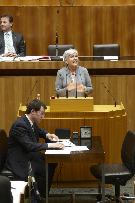 Gabriele Binder-Maier -  Nationalratsabgeordnete der SPÖ, am Rednerpult. Auf der Regierungsbank Dipl.-Ing. Nikolaus Berlakovich - Bundesminister für Land- und Forstwirtschaft, Umwelt und Wasserwirtschaft.