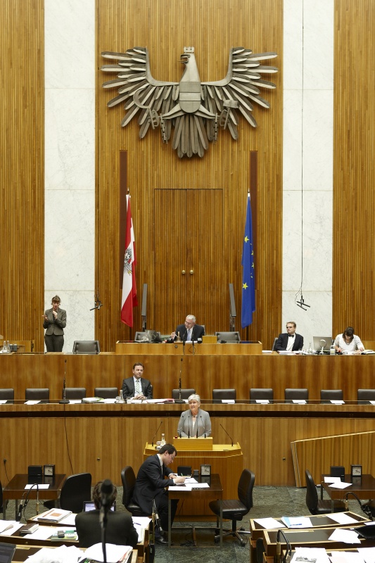 Gabriele Binder-Maier -  Nationalratsabgeordnete der SPÖ, am Rednerpult. Auf der Regierungsbank Dipl.-Ing. Nikolaus Berlakovich - Bundesminister für Land- und Forstwirtschaft, Umwelt und Wasserwirtschaft. Am Präsidium Dr.Martin Graf - Dritter Nationalratspräsident. Dienst am Präsidium v.li. Dr. Erich Saurugger (1er Position) und Mag. Julia Dörfel (2-er Position).