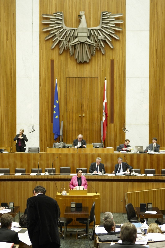 Renate Csörgits, Nationalratsabgeordnete der SPÖ, am Rednerpult. Auf der Regierungsbank v.li. Rudolf Hundstorfer - Bundesminister für Arbeit, Soziales und Konsumentenschutz und Alois Stöger - Bundesminister für Gesundheit. Am Präsidium Fritz Neugebauer - Zweiter Nationalratspräsident. Dienst am Präsidium v.li. Dr. Erich Saurugger (1er Position) und Dr. Christoph Konrath (2er Position).