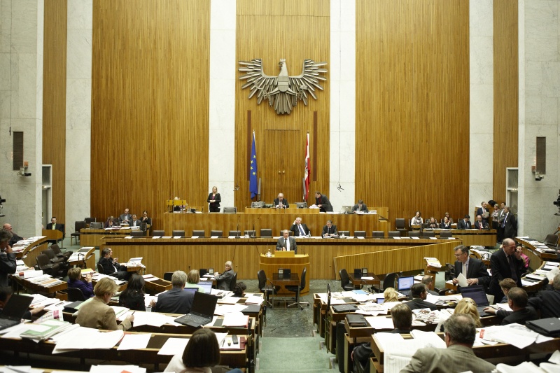 Sigisbert Dolinschek, Nationalratsabgeordneter des BZÖ, am Rednerpult. Auf der Regierungsbank v.li. Rudolf Hundstorfer - Bundesminister für Arbeit, Soziales und Konsumentenschutz und Alois Stöger - Bundesminister für Gesundheit. Am Präsidium Fritz Neugebauer - Zweiter Nationalratspräsident. Dienst am Präsidium v.li. Dr. Erich Saurugger (1er Position) und Dr. Christoph Konrath (2er Position).