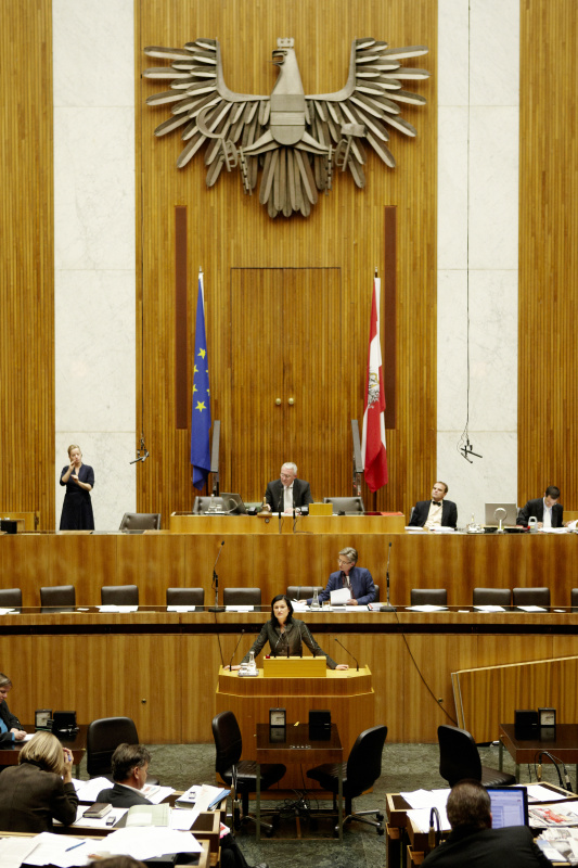 Mag. Silvia Fuhrmann, Nationalratsabgeordnete der ÖVP, am Rednerpult. Auf der Regierungsbank Dr.in Claudia Schmied - Bundesministerin für Unterricht, Kunst und Kultur. Am Präsidium Dr.Martin Graf – Dritter Nationalratspräsident. Dienst am Präsidium v.li. Dr. Erich Saurugger (1er Position) und Mag. David Christian Liebich (2er Position).