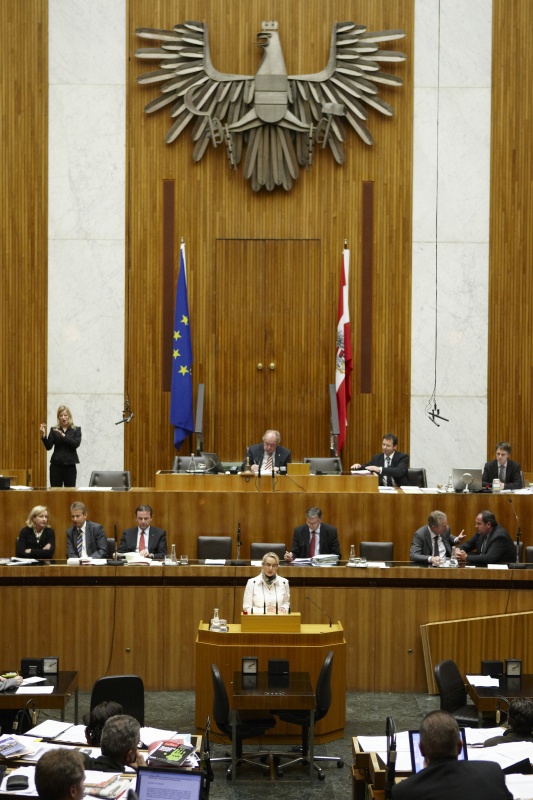 Carmen Gartelgruber, Nationalratsabgeordnete der FPÖ, am Rednerpult. Auf der Regierungsbank v.li. Mag.a Dr.in Maria Theresia Fekter - Bundesministerin für Inneres, Dr. Reinhold Lopatka - Staatssekretär im Bundesministerium für Finanzen, Dipl.-Ing. Nikolaus Berlakovich - Bundesminister für Land- und Forstwirtschaft, Umwelt und Wasserwirtschaft, Alois Stöger - Bundesminister für Gesundheit,  Dr. Reinhold Mitterlehner - Bundesminister für Wirtschaft, Familie und Jugend und Dipl.-Ing. Josef Pröll - Vizekanzler, Bundesminister für Finanzen. Am Präsidium Fritz Neugebauer - Zweiter Nationalratspräsident. Dienst am Präsidium v.li. Mag. Gottfried Michalitsch (1er Position) und Dr. Christoph Konrath (2er Position).