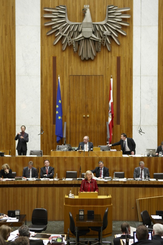 Andrea Gessl-Ranftl, Nationalratsabgeordnete der SPÖ, am Rednerpult. Auf der Regierungsbank v.li. Mag.a Dr.in Maria Theresia Fekter - Bundesministerin für Inneres, Dr. Reinhold Lopatka - Staatssekretär im Bundesministerium für Finanzen, Dipl.-Ing. Nikolaus Berlakovich - Bundesminister für Land- und Forstwirtschaft, Umwelt und Wasserwirtschaft, Alois Stöger - Bundesminister für Gesundheit und  Dr. Reinhold Mitterlehner - Bundesminister für Wirtschaft, Familie und Jugend. Am Präsidium Fritz Neugebauer - Zweiter Nationalratspräsident. Dienst am Präsidium v.li. Mag. Gottfried Michalitsch (1er Position) und Dr. Christoph Konrath (2er Position).