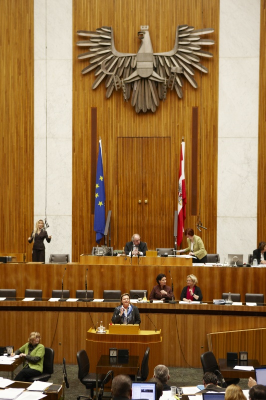Anneliese Kitzmüller,  Nationalratsabgeordnete der FPÖ, am Rednerpult. Auf der Regierungsbank v.li. Gabriele Heinisch-Hosek - Bundesministerin für Frauen und öffentlichen Dienst und Mag.a Claudia Bandion-Ortner - Bundesministerin für Justiz. Am Präsidium Fritz Neugebauer - Zweiter Nationalratspräsident. Dienst am Präsidium v.li. Dr.in Susanne Bachmann (1er Position) und Mag.a Tatjana Walter (2er Position).