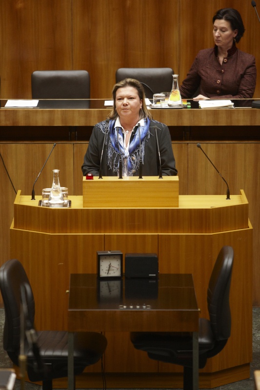 Anneliese Kitzmüller,  Nationalratsabgeordnete der FPÖ, am Rednerpult. Auf der Regierungsbank Gabriele Heinisch-Hosek - Bundesministerin für Frauen und öffentlichen Dienst.