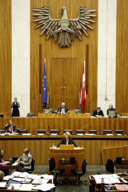 Dr. Ruperta Lichtenecker, Nationalratsabgeordnete der Grünen, am Rednerpult. Auf der Regierungsbank Dr. Reinhold Lopatka - Staatssekretär im Bundesministerium für Finanzen. Am Präsidium Fritz Neugebauer - Zweiter Nationalratspräsident. Dienst am Präsidium v.li. Mag. Gottfried Michalitsch (1er Position) und Mag. Gerhard Kiesenhofer (2er Position).