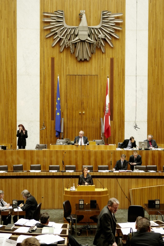 Mag. Daniela Musiol, Nationalratsabgeordnete der Grünen, am Rednerpult. Auf der Regierungsbank Dr. Josef Ostermayer - Staatssekretär im Bundeskanzleramt. Am Präsidium Fritz Neugebauer - Zweiter Nationalratspräsident. Dienst am Präsidium v.li. Mag. Gottfried Michalitsch (1er Position) und Mag. Gerhard Kiesenhofer (2er Position).