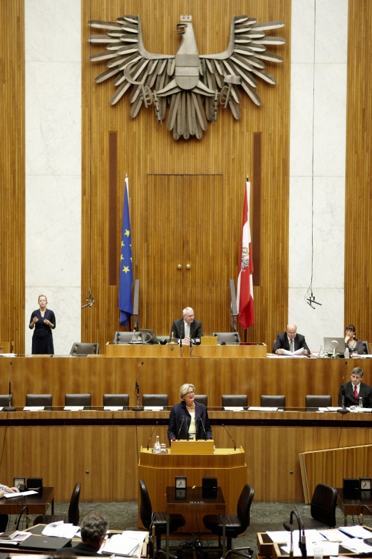 Dr. Ursula Plassnik, Nationalratsabgeordnete der ÖVP, am Rednerpult. Auf der Regierungsbank Dr. Michael Spindelegger - Bundesminister für europäische und internationale Angelegenheiten. Am Präsidium Dr.Martin Graf - Dritter Nationalratspräsident. Dienst am Präsidium v.li. Dr. Wolfgang Engeljehringer (1er Position) und Mag. Julia Dörfel (2er Position).