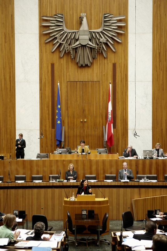 Mag. Birgit Schatz - Nationalratsabgeordnete der GRÜNEN. Auf der Regierungsbank v.li. Doris Bures - Bundesministerin für Verkehr, Innovation und Technologie und Dr. Reinhold Mitterlehner - Bundesminister für Wirtschaft, Familie und Jugend. Am Präsidium Mag.a Barbara Prammer - Nationalratspräsidentin. Dienst am Präsidium v.li. Dr. Jörg Wirrer (1er Position) und Mag.a Brigitte Berger (2er Position).