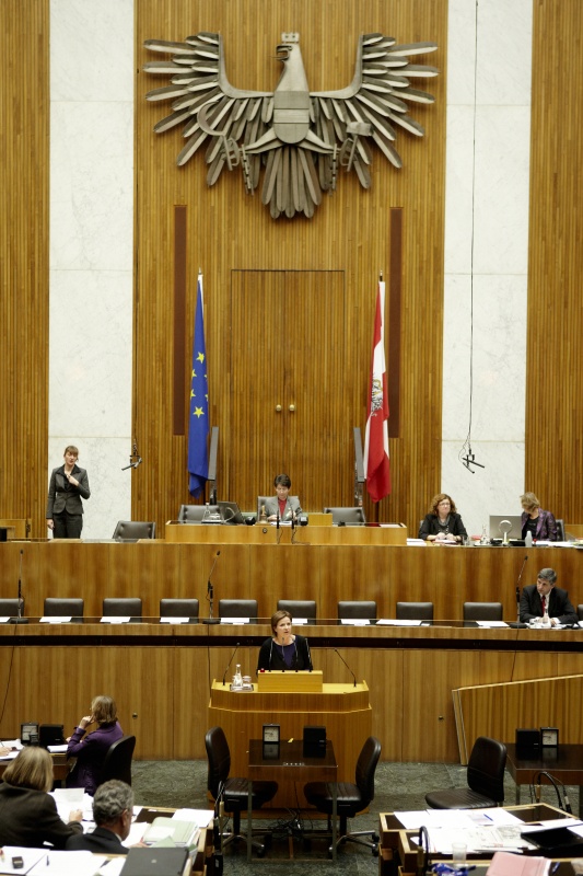 Mag. Judith Schwentner,  Nationalratsabgeordnete der Grünen, am Rednerpult. Auf der Regierungsbank Dr. Michael Spindelegger - Bundesminister für europäische und internationale Angelegenheiten. Dienst am Präsidium v.li. Mag.a Dunja Kopesky (1er Position) und Mag.a Brigitte Berger (2er Position).