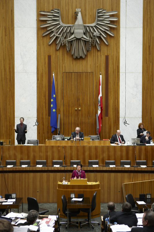Gabriele Tamandl, Nationalratsabgeordnete der ÖVP, am Rednerpult. Am Präsidium Fritz Neugebauer - Zweiter Nationalratspräsident. Dienst am Präsidium v.li. Dr. Wolfgang Engeljehringer (1er Position) Mag. David Christian Liebich (2er Position).