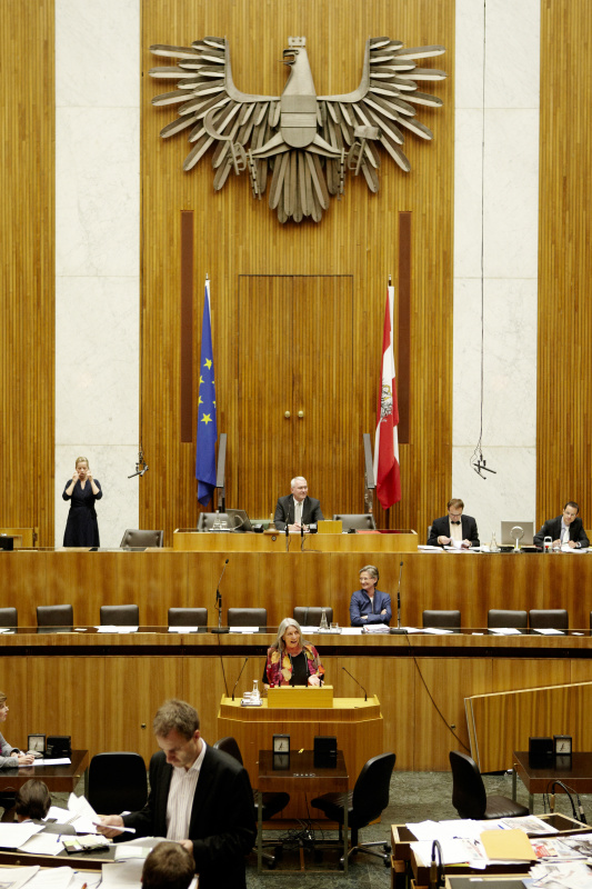 Mag. Heidemarie Unterreiner -Nationalratsabgeordnete der FPÖ am Rednerpult. Auf der Regierungsbank Dr.in Claudia Schmied - Bundesministerin für Unterricht, Kunst und Kultur. Am Präsidium Dr.Martin Graf - Dritter Nationalratspräsident. Dienst am Präsidium v.li. Dr. Erich Saurugger (1er Position) und Mag. David Christian Liebich (2er Position).