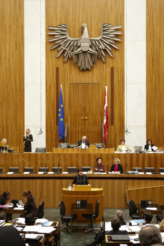 Mag. Gisela Wurm, Nationalratsabgeordnete der SPÖ, am Rednerpult. Auf der Regierungsbank v.li. Gabriele Heinisch-Hosek - Bundesministerin für Frauen und öffentlichen Dienst und Mag.a Claudia Bandion-Ortner - Bundesministerin für Justiz. Am Präsidium Fritz Neugebauer - Zweiter Nationalratspräsident. Dienst am Präsidium v.li. Dr.in Susanne Bachmann (1er Position) und Mag.a Tatjana Walter (2er Position).