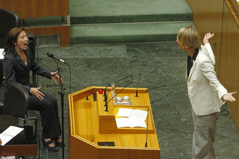 First deaf Austrian representative Helene Jarmer (R) of the Greens delivers a speech using sign language with the help of her interpreter during a session of the parliament in Vienna July 10, 2009. REUTERS/Heinz-Peter Bader
 ABDRUCK HONORARFREI NUR BEI DIREKTER BERICHTERSTATTUNG ZUR AUSSTELLUNG.