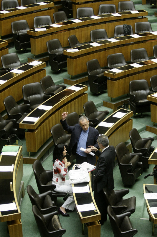 Austrian Green Party members Eva Glawischnig, Peter Pilz and Alexander Van der Bellen (LtoR) talk before the start of a Parliament session in Vienna March 3, 2008.  REUTERS/Leonhard Foeger  (AUSTRIA) ABDRUCK HONORARFREI NUR BEI DIREKTER BERICHTERSTATTUNG ZUR AUSSTELLUNG.