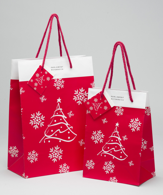 Weihnachtstasche - Geschenksverpackung, Papier, rot weiss rot, Tannenbaum