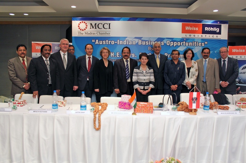 Indisch-österreichisches Wirtschaftssymposium in Chennai. Dritter Nationalratspräsident Dr. Martin Graf (3.v.li.),  Dr. in Ruperta Lichtenecker - Nationalratsabgeordnete (6.v.li.), Nationalratspräsidentin Mag.a Barbara Prammer Nationalratspräsidentin (8.v.li.)  Mag.a Christine Muttonen - Nationalratsabgeordnete (3.v.re.) und Sigisbert Dolinschek - Nationalratsabgeordneter (1.v.re.) 