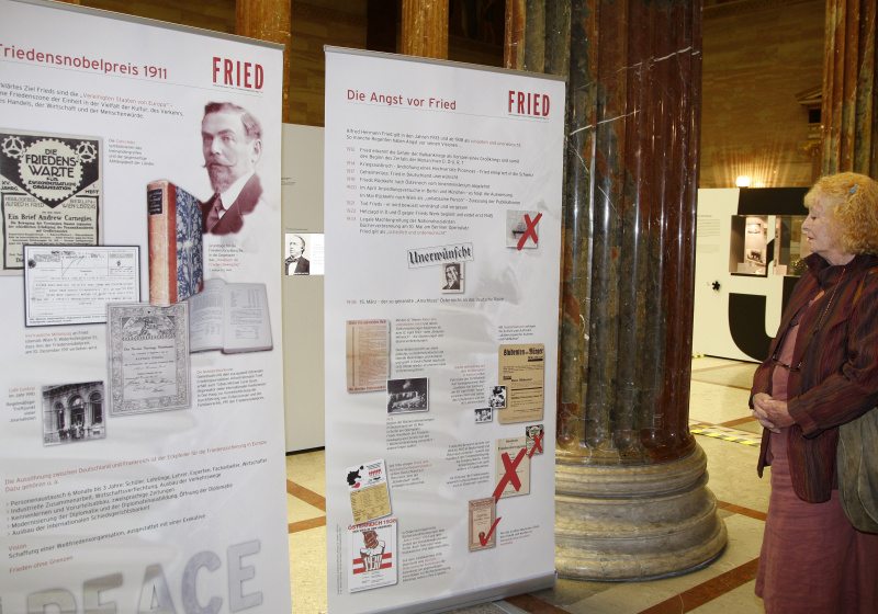 Veranstaltungsteilnehmerin vor den Plakaten