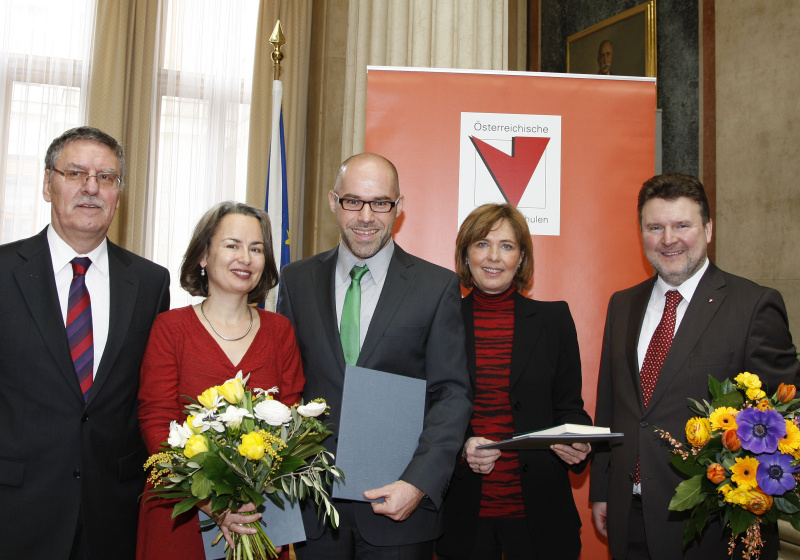 v.li. Univ.-Doz. Wilhelm Filla, Preisträgerin Birgit Aschemann, Preisträger Wilfried Hackl, Förderungspreisträgerin Monika Veigl-Petschko und Stadtrat Michael Ludwig