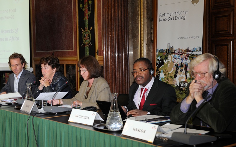 Am Podium v.li.: Michael Hauser, Miet Smet, Elisabeth Hlavac, Francisco Ussene Mucanheia und Joseph Hanlon