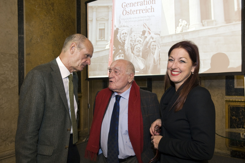 v.li.: Kurt Scholz, Fotograf Erich Lessing und die Generalsekretärin des Nationalfonds Hannah Lessing