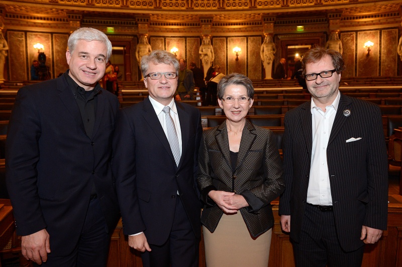 v.l.: Leiter Bruckner Haus Linz Professor Hans Jochim Frey, Vizebürgermeister von Linz Klaus Luger, Nationalratspräsidentin Barbara Prammer und Komponist Peter Androsch