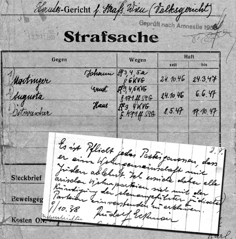 Fotomontage: Strafakt Volksgericht am Landesgericht für Strafsachen Wien (1950), antisemitische Anweisung  zur Einverständniserklärung mit der Kündigung jüdischer MieterInnen (9. Oktober 1938)