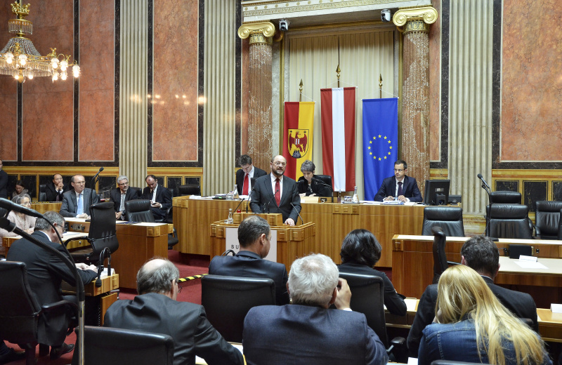 7. Sitzung des Hauptausschusses mit EU-Angelegenheiten. Der Präsident des Europäischen Parlaments Martin Schulz bei seiner Rede
