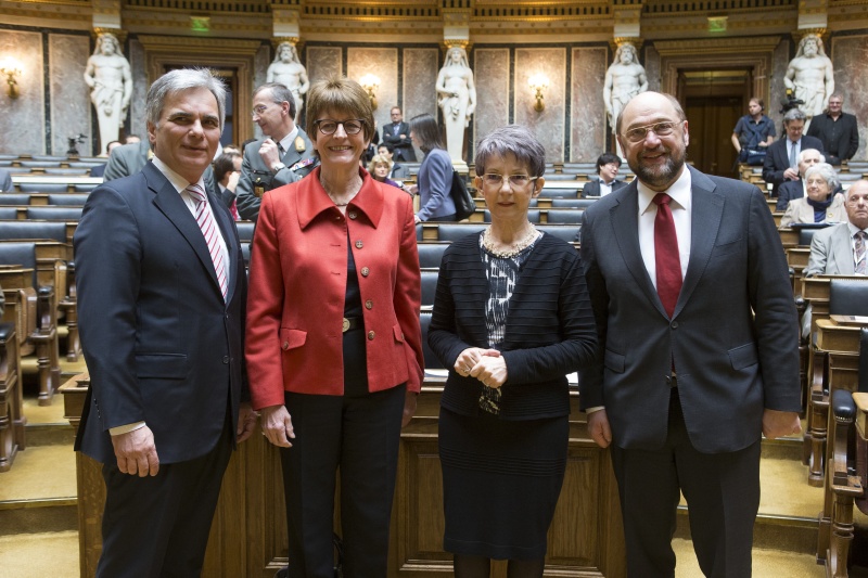 v.li.: Bundeskanzler Werner Faymann (S), Präsidentin der Parlamentarischen Versammlung des Europarats Anne Brasseur, Nationalratspräsidentin Babara Prammer (S) und Präsident des Europäischen Parlaments Martin Schulz