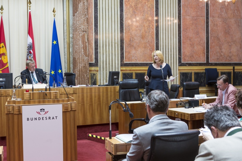 v.li.: Bundesratspräsident Michael Lampel (S) am Präsidium und Verkehrsministerin Doris Bures (S) bei ihrem Einleitungsreferat