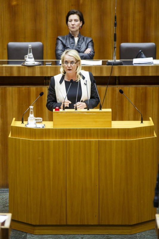 Nationalratsabgeordnete Carmen Gartelgruber (F) am Rednerpult. Im Hintergrund auf der Regierungsbank Unterrichtsministerin Gabriele Heinisch-Hosek (S).