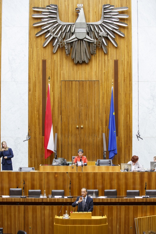 Nationalratsabgeordneter Wolfgang Gerstl (V) am Rednerpult. Im Hintergrund am Präsidium Nationalratspräsidentin Barbara Prammer (S).