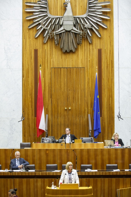 Nationalratsabgeordnete Andrea Gessl-Ranftl (S) am Rednerpult. Im Hintergrund auf der Regierungsbank Rechnungshofpräsident Josef Moser. Am Präsidium Zweiter Nationalratspräsident Karlheinz Kopf (V).