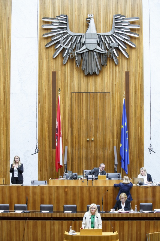 Nationalratsabgeordnete Angelika Winzig (V) am Rednerpult. Auf der Regierungsbank Verkehrsministerin Doris Bures (S). Am Präsidium Zweiter Nationalratspräsident Karlheinz Kopf (V).