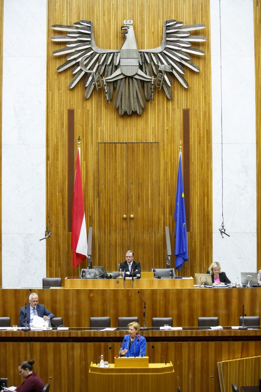 Nationalratsabgeordnete Brigitte Jank (V) am Rednerpult. Im Hintergrund auf der Regierungsbank Rechnungshofpräsident Josef Moser. Am Präsidium Zweiter Nationalratspräsident Karlheinz Kopf (V)