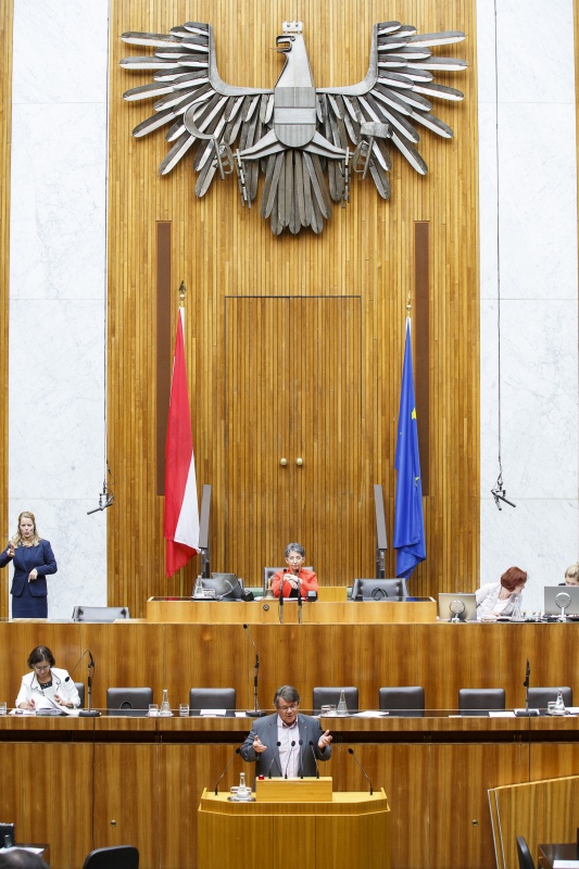 Nationalratsabgeordneter Wolfgang Katzian (S) am Rednerpult. Im Hintergrund auf der Regierungsbank Innenministerin Johanna Mikl-Leitner (V). Am Präsidium Nationalratspräsidentin Barbara Prammer (S)