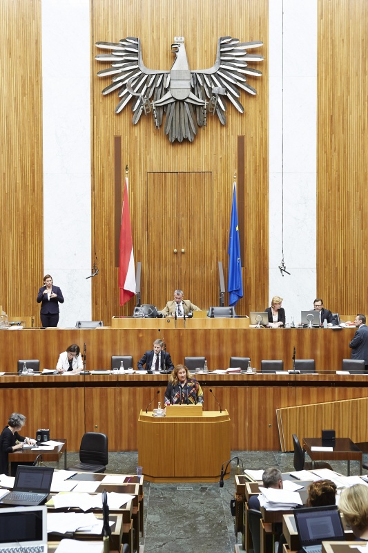 Nationalratsabgeordnete Petra Bayr (S) am Rednerpult. Im Hintergrund auf der Regierungsbank v.li.: Innenministerin Johanna Mikl-Leitner (V) und Kulturminister Josef Ostermayer (S). Am Präsidium Dritter Nationalratspräsident Norbert Hofer (F).