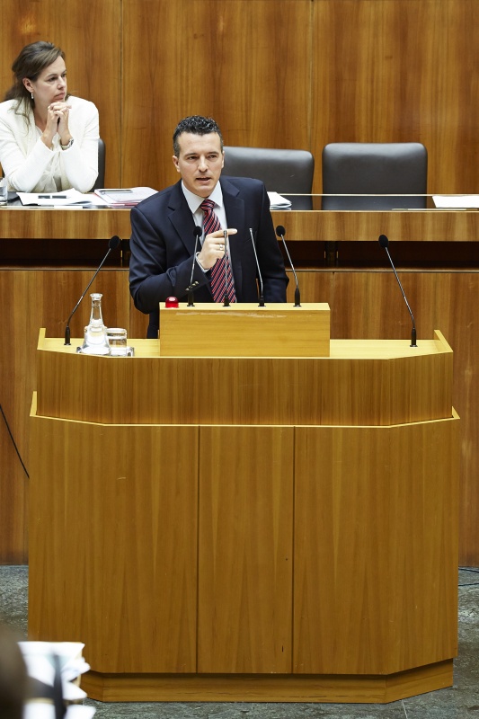 Nationalratsabgeordneter Gernot Darmann (F) am Rednerpult. Im Hintergrund auf der Regierungsbank Familienministerin Sophie Karmasin (V).