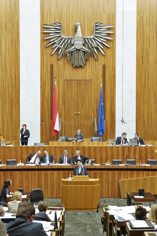 Nationalratsabgeordnete Waltraud Dietrich (T) am Rednerpult. In Hintergrund auf der Regierungsbank Justizminister Wolfgang Brandstetter (V), Staatssekretär Jochen Danninger (V), Finanzminister Michael Spindelegger (V) und Bundeskanzler Werner Faymann (S). Am Präsidium Zweiter Nationalratspräsident Karlheinz Kopf (V)