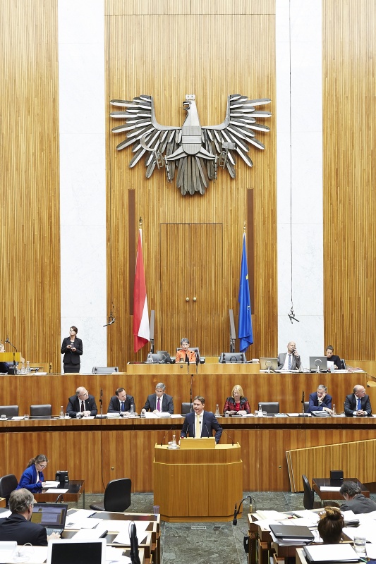 Nationalratsabgeordneter Rainer Hable (N) am Rednerpult. Im Hintergrund auf der Regierungsbank Justizminister Wolfgang Brandstetter (V), Staatssekretär Jochen Danninger (V), Finanzminister Michael Spindelegger (V), Verkehrsministerin Doris Bures (S), Gesundheitsminister Alois Stöger (S) und Verteidigungsminister Gerald Klug (S). Am Präsidium Nationalratspräsidentin Barbara Prammer (S).
