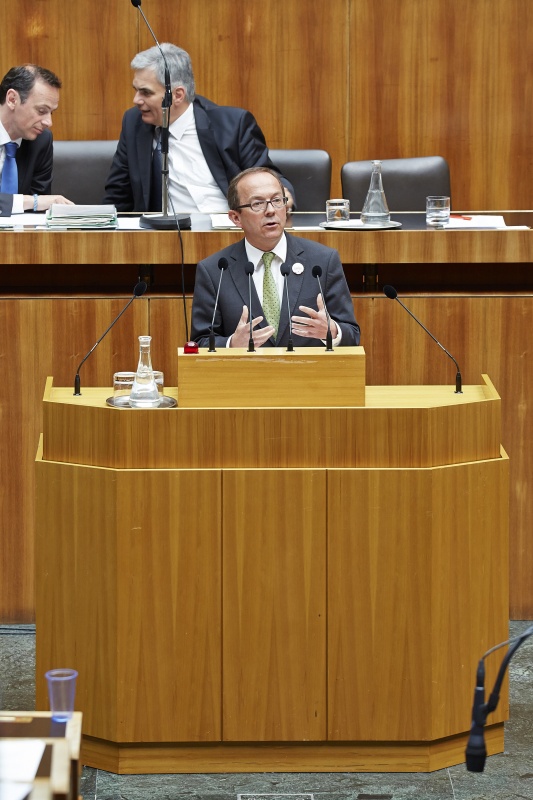 Nationalratsabgeordneter Peter Haubner (V) am Rednerpult. Im Hintergrund auf der Regierungsbank Staatssekretär Jochen Danninger (V) und Bundeskanzler Werner Faymann (S)