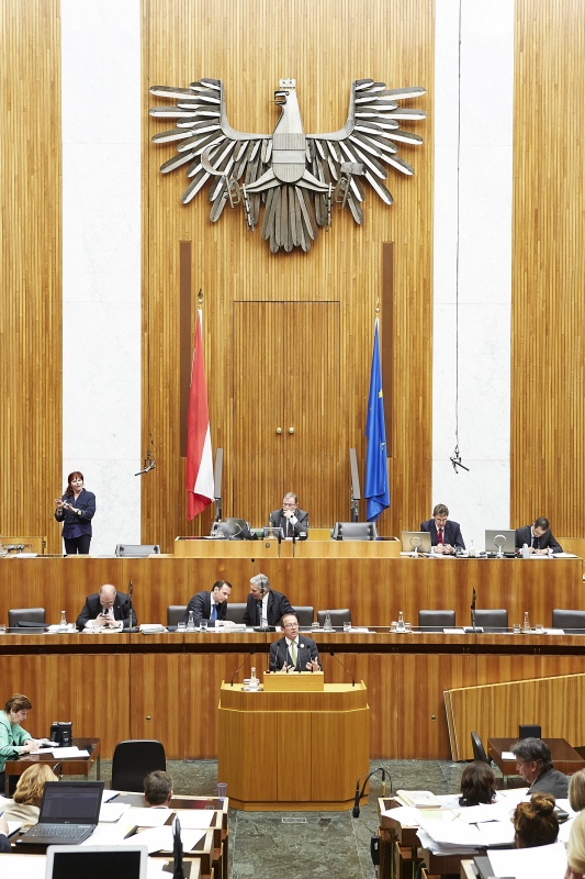 Nationalratsabgeordneter Peter Haubner (V) am Rednerpult. Im Hintergrund auf der Regierungsbank Justizminister Wolgang Brandstetter (V), Staatssekretär Jochen Danninger (V) und Bundeskanzler Werner Faymann (S). Am Präsidium Zweiter Nationalratspräsident Karlheinz Kopf (V)
